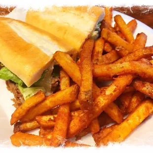 Cheesesteak and seasoned fries.