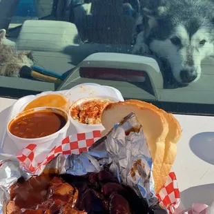 Tri tip beans potato salad hot links 2 Meats and 2 Sides No Ribs Lunch Special