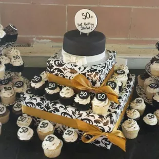 50th Birthday Black and White Cake and Cupcakes