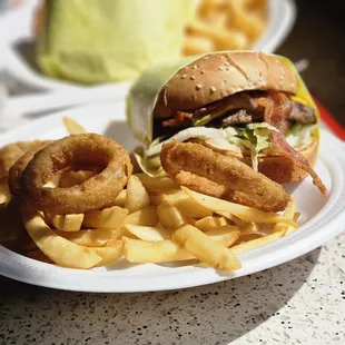 a burger and onion rings