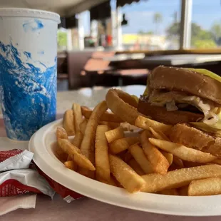 Cheeseburger combo. Fries and onion rings.