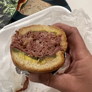 #12 Pastrami, fries and onion rings with drink.