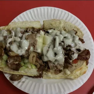 a beef sandwich on a paper plate