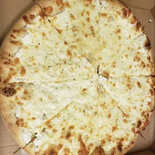 a cheese pizza in a box