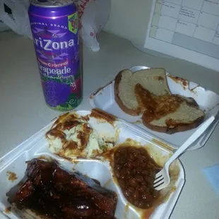 Rib lunch with potato salad and baked beans (don't mind the sauce on my salad )