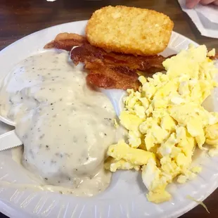 Bacon was crisp.  Hash browns were frozen (perfect rectangle); biscuits &amp; the gravy were the canned or a mix respectively.