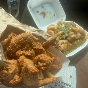 Shrimp and Fried Rice with fried Chicken Wings