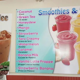 a menu for smoothies and tacos