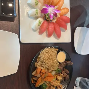 Salmon, tunin&amp; white tuna nigiri &amp; steak and chicken hibachi