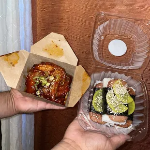 Korean Chicken Wings (sweet &amp; spicy) &amp; Spam Musubi with pickled radish. Rating for both: 10/10