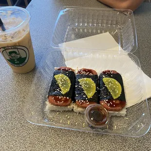 Jasmine milk tea and spam musubi