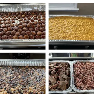Meatballs, beans, bacon Mac and cheese, tri tip and pulled pork