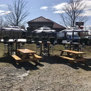 picnic tables and umbrellas