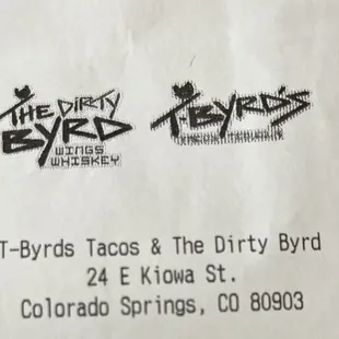 Copy of receipt from T-Byrds with address in downtown Colorado Springs.