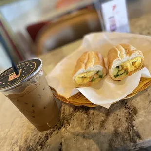 Iced Vietnamese coffee, half sweet.  V3 egg sando
