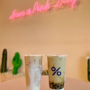Roasted Oolong Milk Tea with mochi and Honeydew Panna Cotta with boba