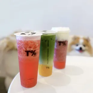 Strawberry Green Tea, Mango Matcha Latte, Kyoto Grape w/ green tea, cheese foam, req no tea jelly | $6.45 each