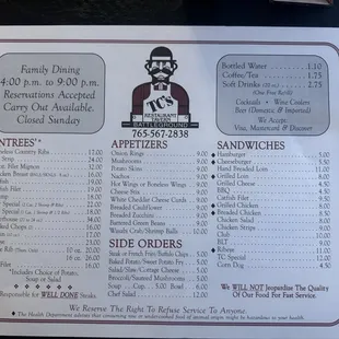 Menu at TC&apos;s on November 4, 2023.