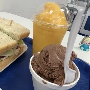 Chicken sandwich, mango smoothies and good chocolate soft serve