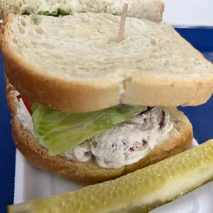 a chicken salad sandwich with a pickle