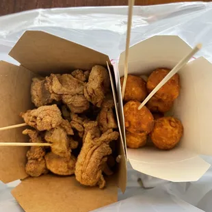 Popcorn chicken and lobster balls.