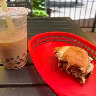 Bacon cheeseburger and honeydew boba.