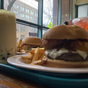 The Western Burger, The Crispy Chicken sandwich, I jasmine based boba and a raspberry Italian soda