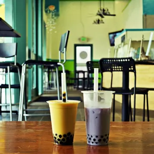 Left: regular sized icee mango blast with boba  Right: large iced taro with boba