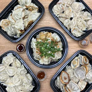 Vegetable Dumplings, Daikon and Beef Potstickers, Cabbage Pork Dumplings, Pork Shrimp and Chive Potstickers, Chili Oil Wontons