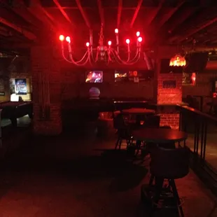 a bar with red lights