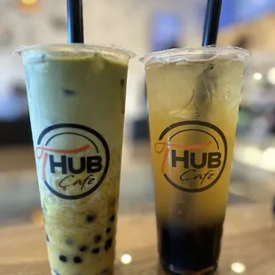 Mango Matcha Latte with Honey Boba &amp; Lychee Green Tea with Honey Boba