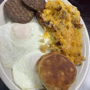 Home fries, turkey sausage, egg, biscuit