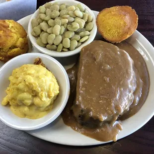 Meatloaf with mac and cheese, lima beans, and cornbread