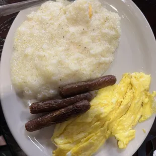 Grits, sausage, scrambled eggs