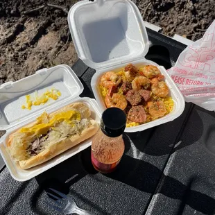 Moonlight garlic shrimp and sausage and a Kraut dog