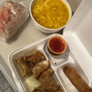 Pan fried dumplings, egg drop soup &amp; an egg roll 6.15.22