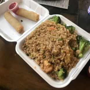 Shrimp fried rice with broccoli (extra) and spring rolls