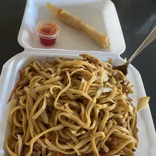 Pork lo mein and shrimp roll