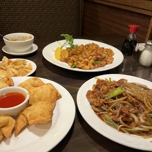 Mongolian Beef with Cashew Chicken and Shrimp and Crab Cheese Puff