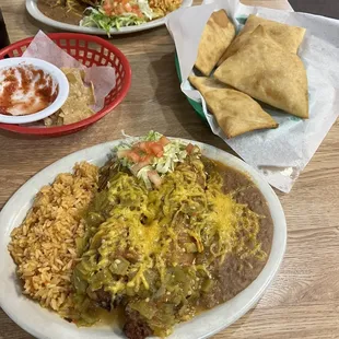 Chile Rellenos plate, sopaipillas, stuffed sopaipilla plate, devoured salsa. Some really good rice too.