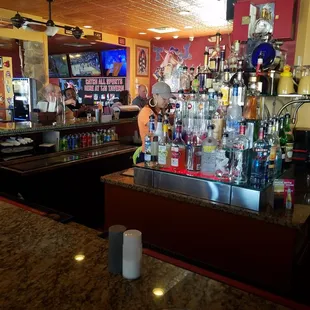 a bar with bottles of liquor