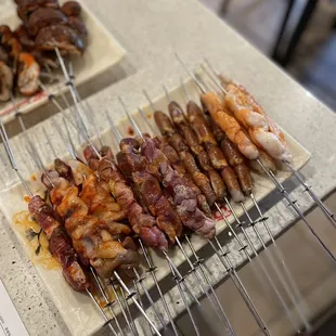Beef Tongue, Squid Kebob, Chicken Gizzard, Chicken Heart, chicken Skin