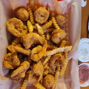 Perfect fried shrimp, might be the best hush puppies ever.