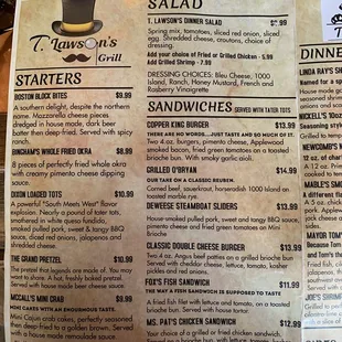 Starters, salad, sandwiches menu