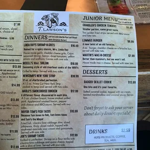 Dinners, desserts, Junior menu
