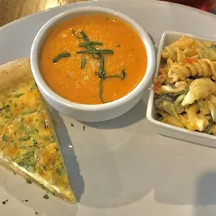 "Cafe Sampler" quiche, tomato basil soup, and pasta salad