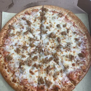 Thin crust sausage pizza.