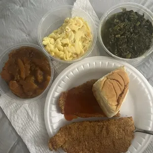 Catfish , Yam , Macaroni and Collard Greens.