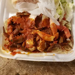 Crab shala...pasta with 2 blue crabs on top...salad &amp;  cuban bread all for $9.