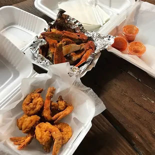 Fried Garlic Shrimp (bottom) &amp; Boiled Blue Crab Claws ~ Not a fan and not enough meat FYI (top)